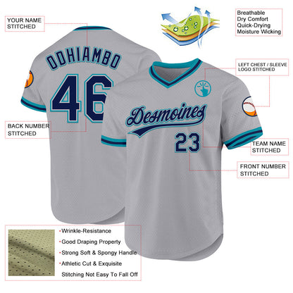 Custom Gray Navy-Teal Authentic Throwback Baseball Jersey - Sky-Custom