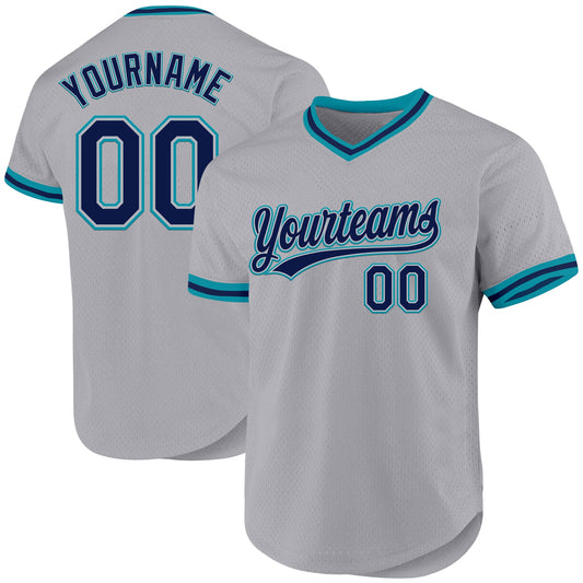 Custom Gray Navy-Teal Authentic Throwback Baseball Jersey - Sky-Custom