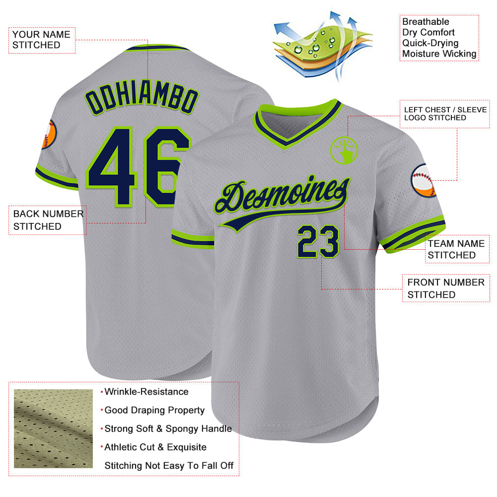 Custom Gray Navy-Neon Green Authentic Throwback Baseball Jersey - Sky-Custom