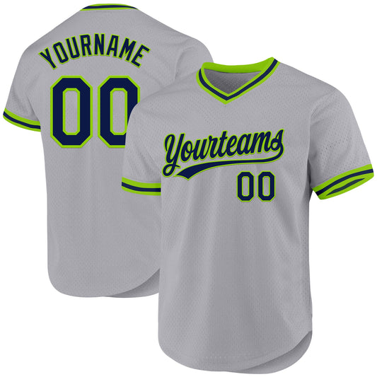 Custom Gray Navy-Neon Green Authentic Throwback Baseball Jersey - Sky-Custom