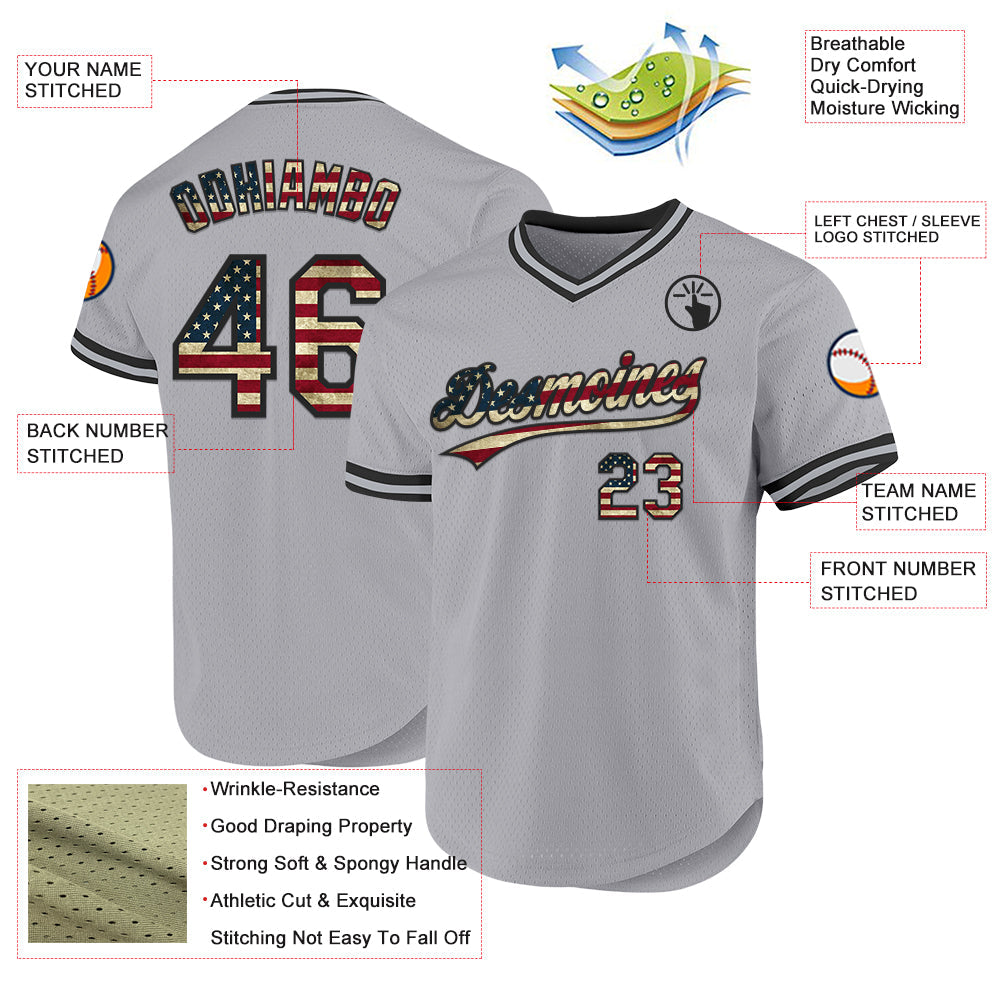 Custom Gray Vintage USA Flag-Black Authentic Throwback Baseball Jersey - Sky-Custom