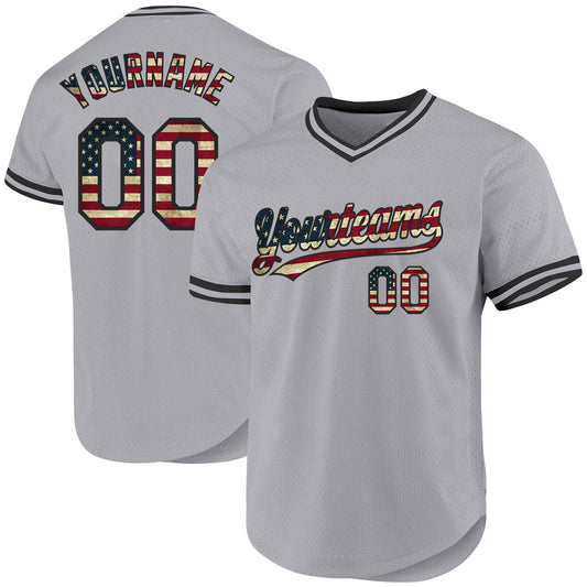 Custom Gray Vintage USA Flag-Black Authentic Throwback Baseball Jersey - Sky-Custom