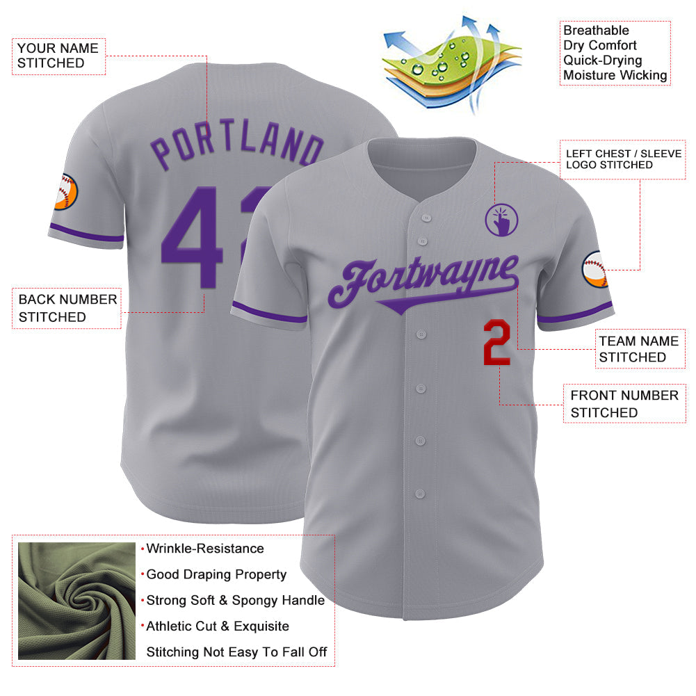Custom Gray Purple-Red Authentic Baseball Jersey - Sky-Custom