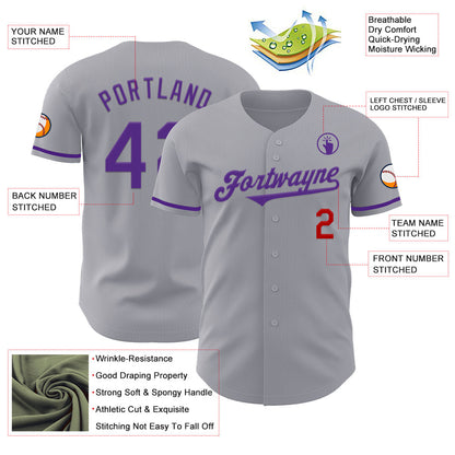 Custom Gray Purple-Red Authentic Baseball Jersey - Sky-Custom
