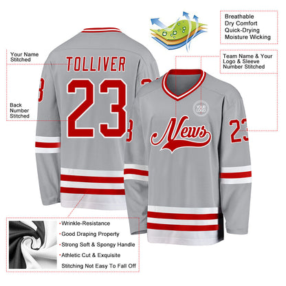 Custom Gray Red-White Hockey Jersey - Sky-Custom