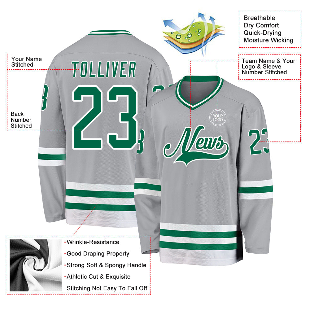 Custom Gray Kelly Green-White Hockey Jersey - Sky-Custom