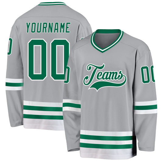 Custom Gray Kelly Green-White Hockey Jersey - Sky-Custom