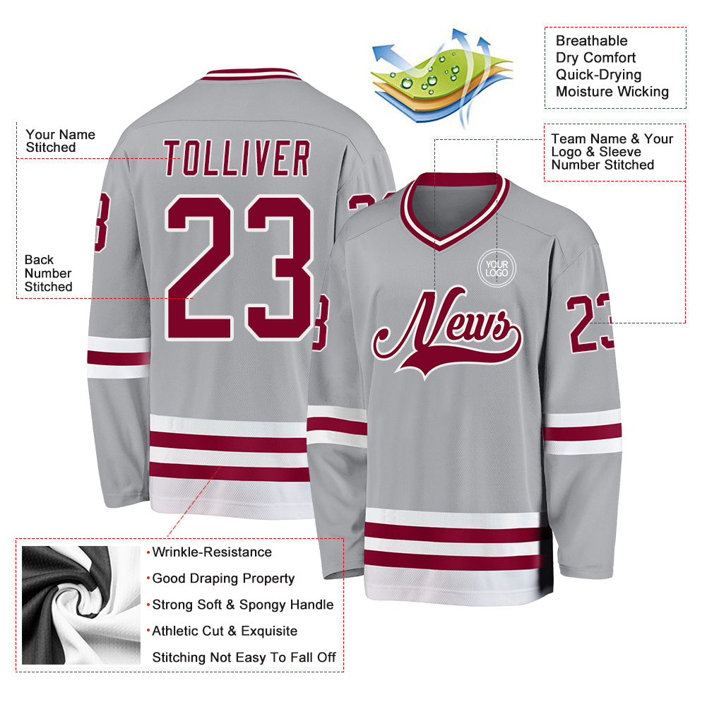 Custom Gray Maroon-White Hockey Jersey - Sky-Custom