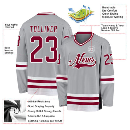 Custom Gray Maroon-White Hockey Jersey - Sky-Custom