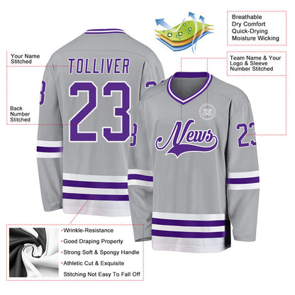 Custom Gray Purple-White Hockey Jersey - Sky-Custom