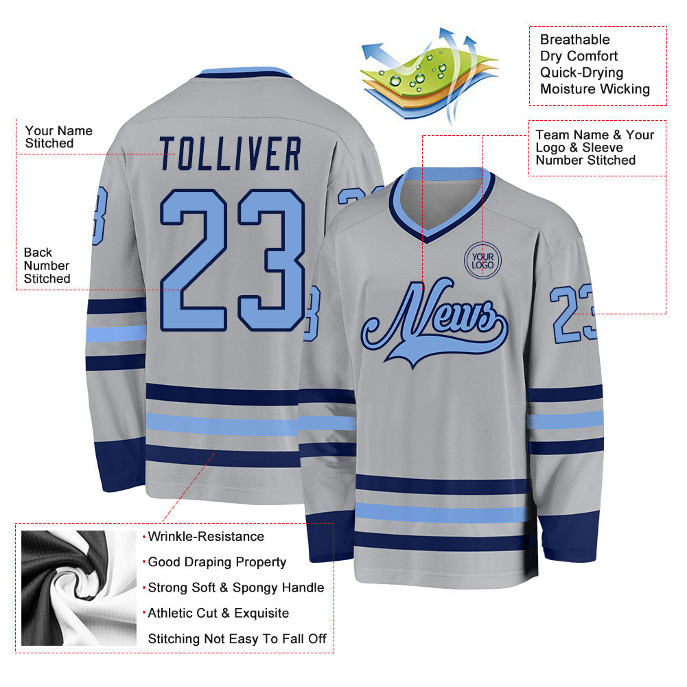 Custom Gray Light Blue-Navy Hockey Jersey - Sky-Custom