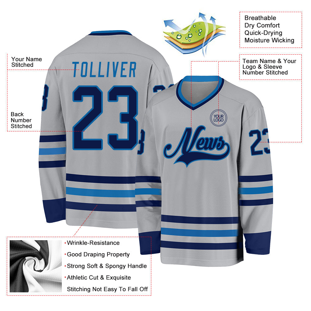 Custom Gray Navy-Blue Hockey Jersey - Sky-Custom