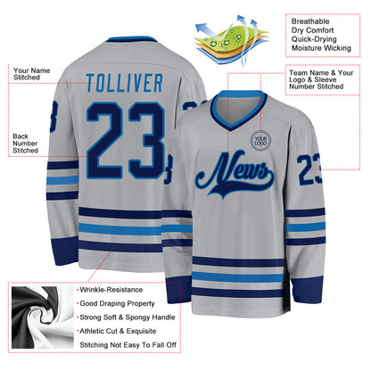 Custom Gray Navy-Blue Hockey Jersey - Sky-Custom
