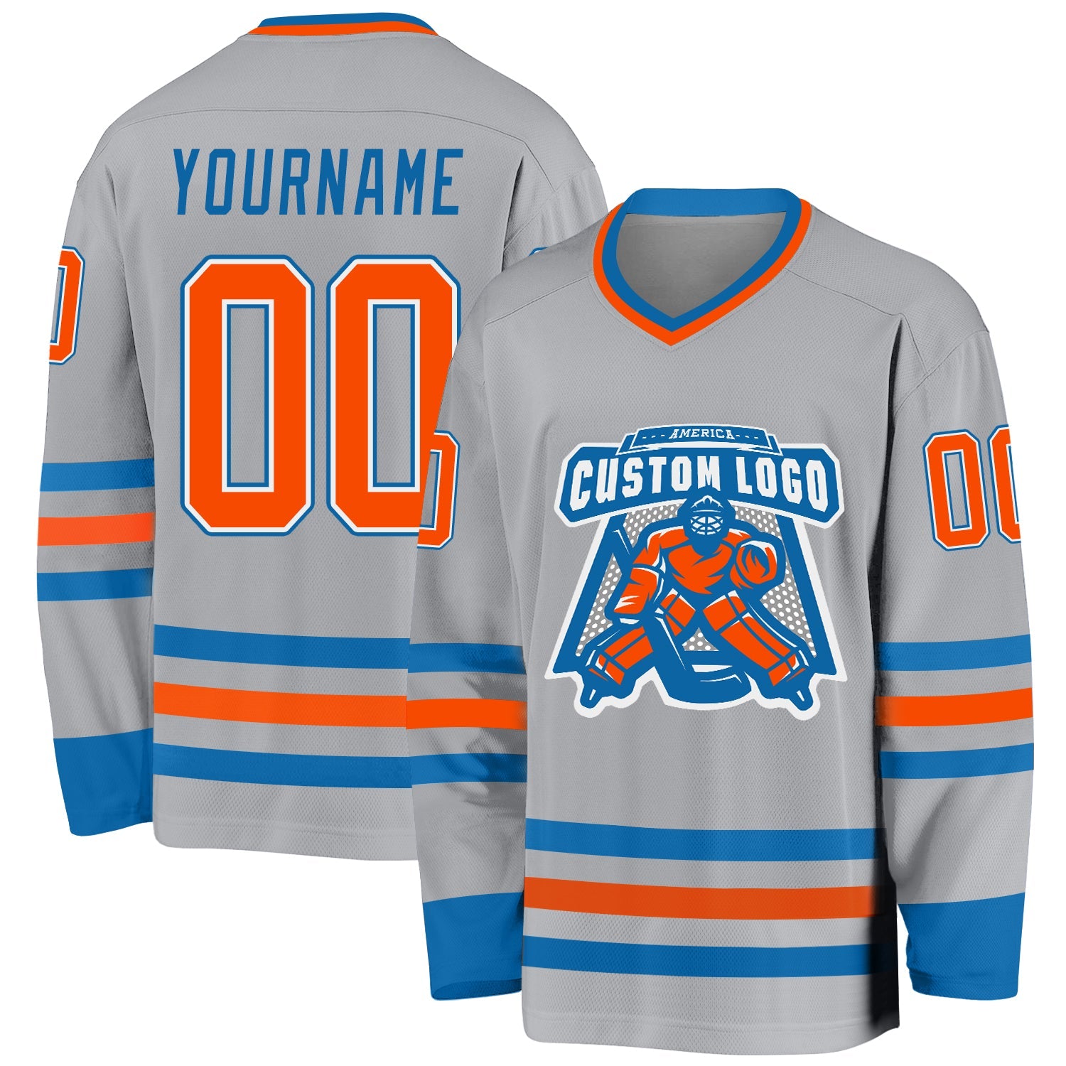 Custom Gray Orange-Blue Hockey Jersey - Sky-Custom