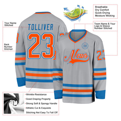 Custom Gray Orange-Blue Hockey Jersey - Sky-Custom