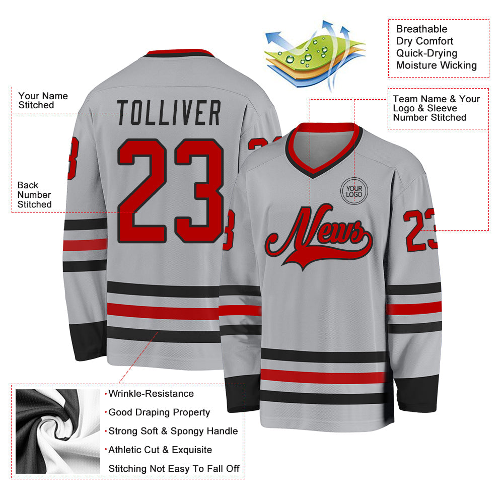Custom Gray Red-Black Hockey Jersey - Sky-Custom