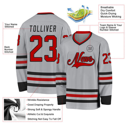 Custom Gray Red-Black Hockey Jersey - Sky-Custom
