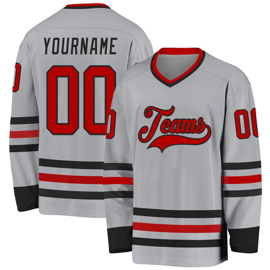 Custom Gray Red-Black Hockey Jersey - Sky-Custom