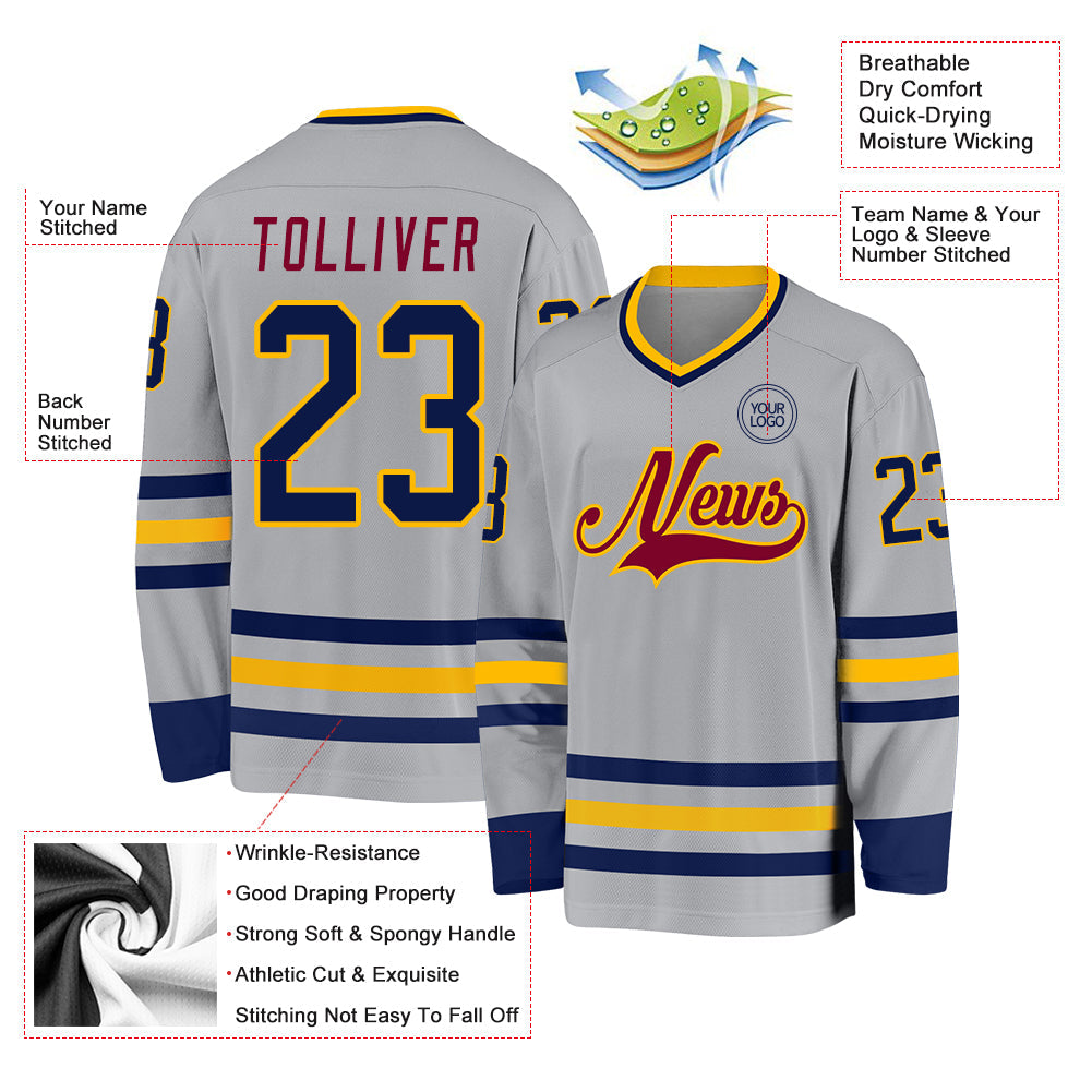 Custom Gray Navy Gold-Maroon Hockey Jersey - Sky-Custom