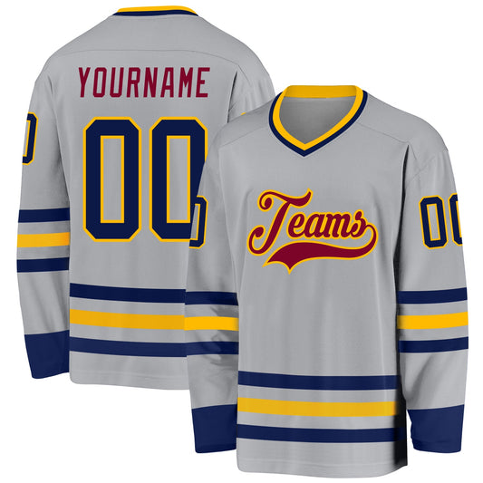 Custom Gray Navy Gold-Maroon Hockey Jersey - Sky-Custom