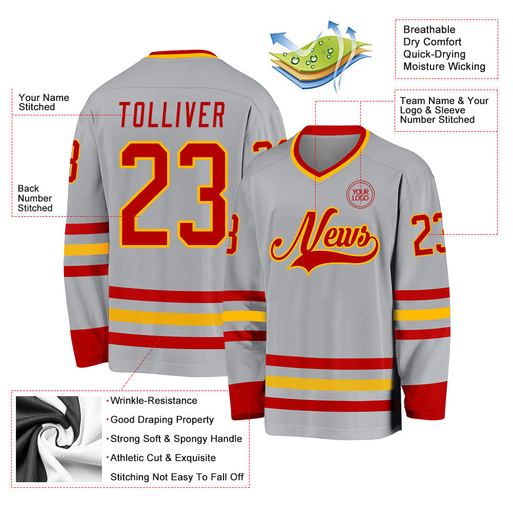 Custom Gray Red-Gold Hockey Jersey - Sky-Custom