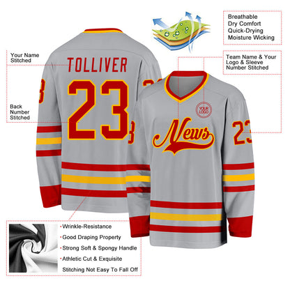 Custom Gray Red-Gold Hockey Jersey - Sky-Custom