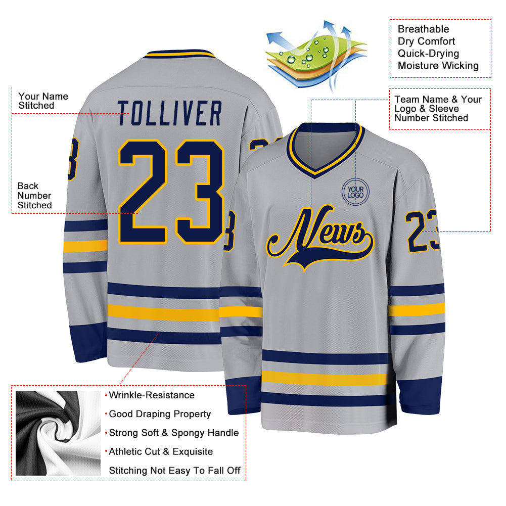 Custom Gray Navy-Gold Hockey Jersey - Sky-Custom