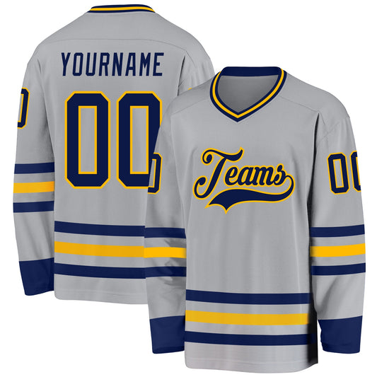 Custom Gray Navy-Gold Hockey Jersey - Sky-Custom
