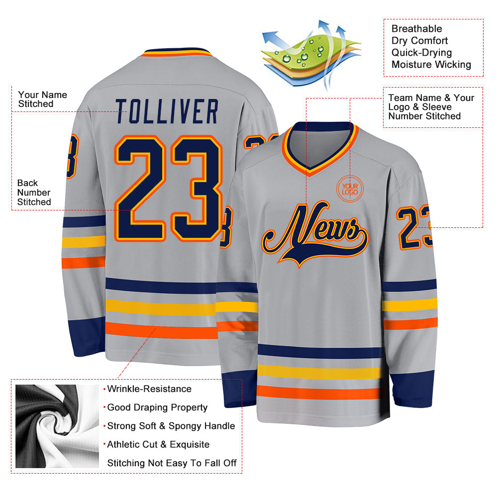 Custom Gray Navy Gold-Orange Hockey Jersey - Sky-Custom