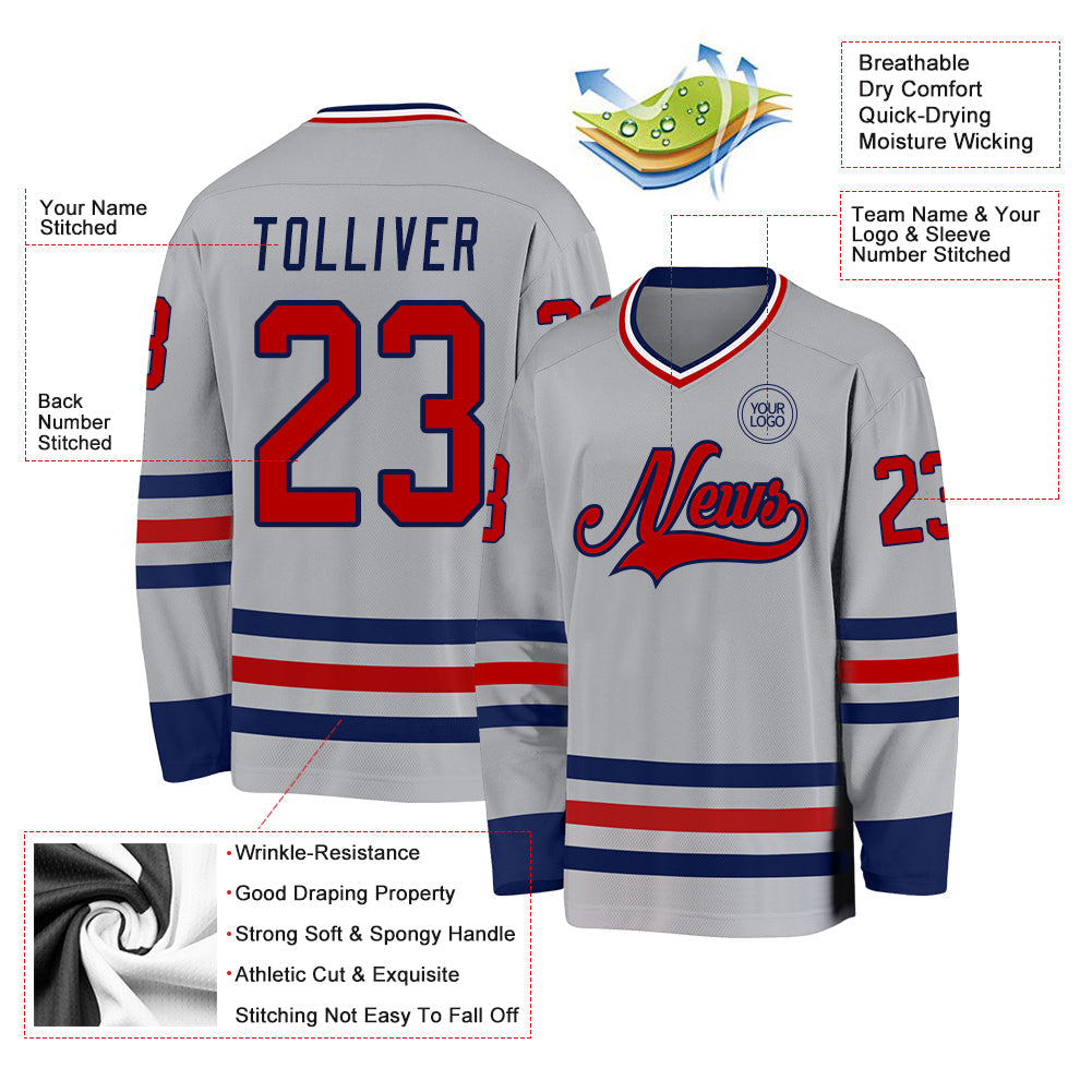 Custom Gray Red-Navy Hockey Jersey - Sky-Custom