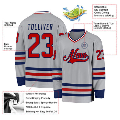 Custom Gray Red-Navy Hockey Jersey - Sky-Custom