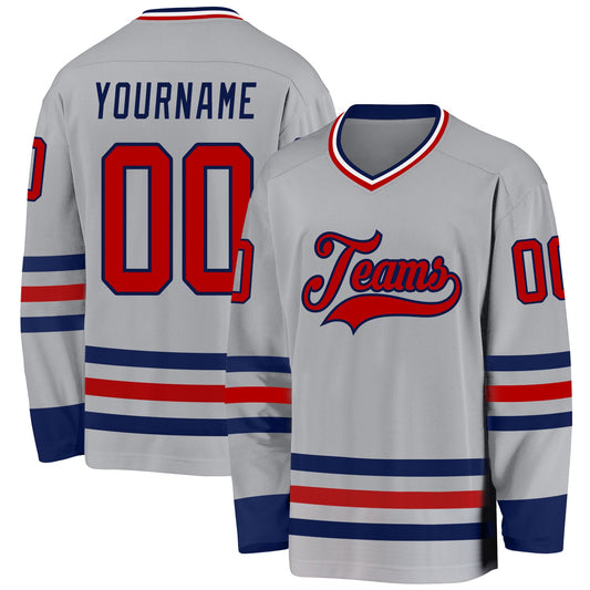 Custom Gray Red-Navy Hockey Jersey - Sky-Custom