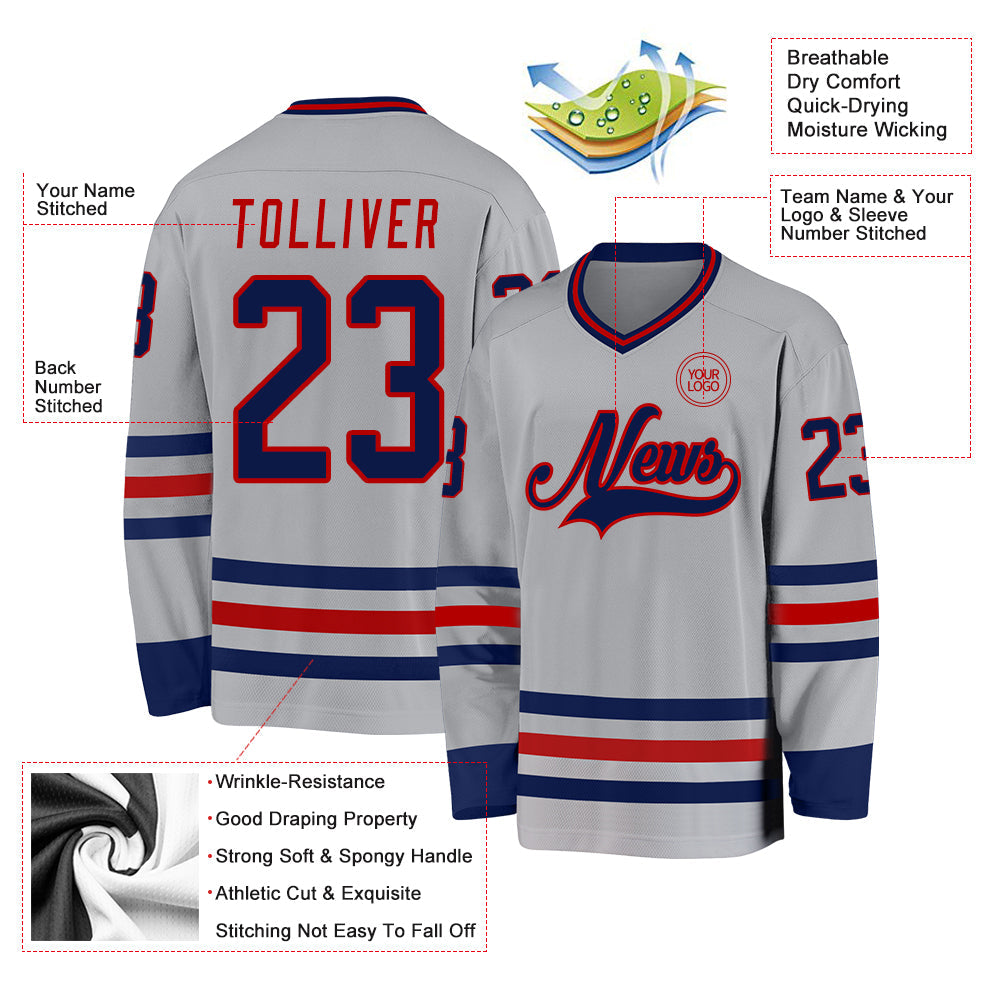 Custom Gray Navy-Red Hockey Jersey - Sky-Custom
