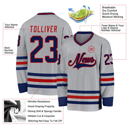 Custom Gray Navy-Red Hockey Jersey - Sky-Custom