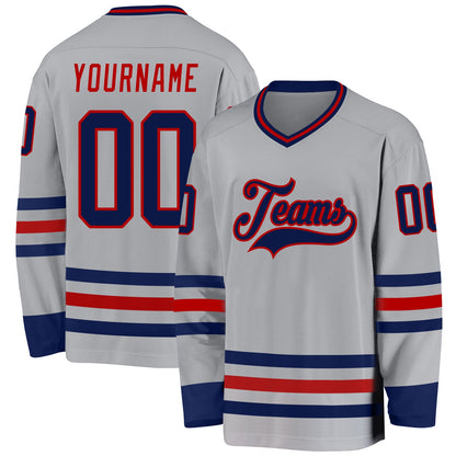 Custom Gray Navy-Red Hockey Jersey - Sky-Custom