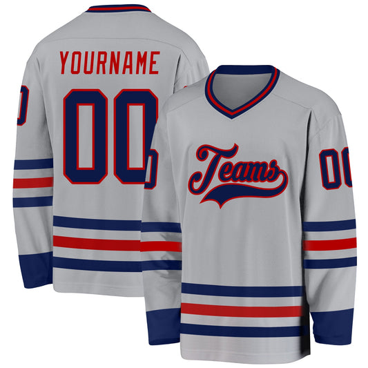 Custom Gray Navy-Red Hockey Jersey - Sky-Custom