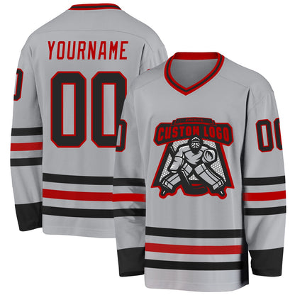 Custom Gray Black-Red Hockey Jersey - Sky-Custom