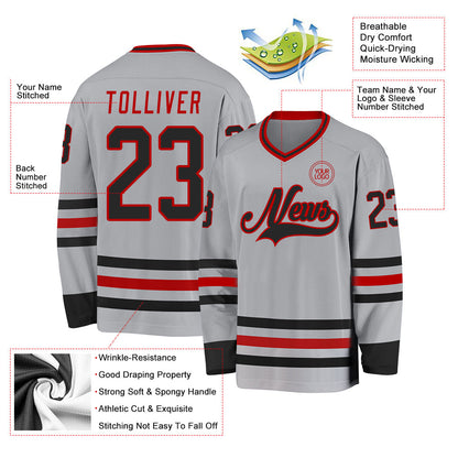 Custom Gray Black-Red Hockey Jersey - Sky-Custom