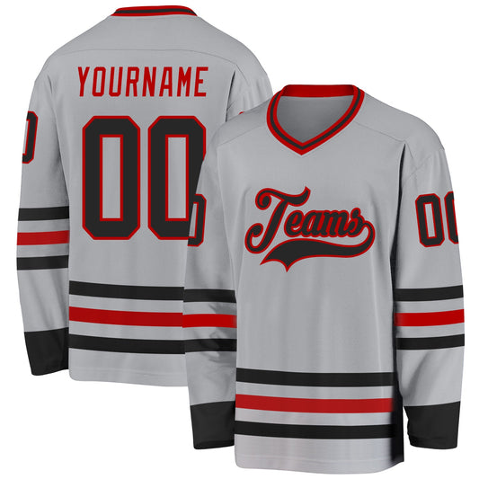 Custom Gray Black-Red Hockey Jersey - Sky-Custom