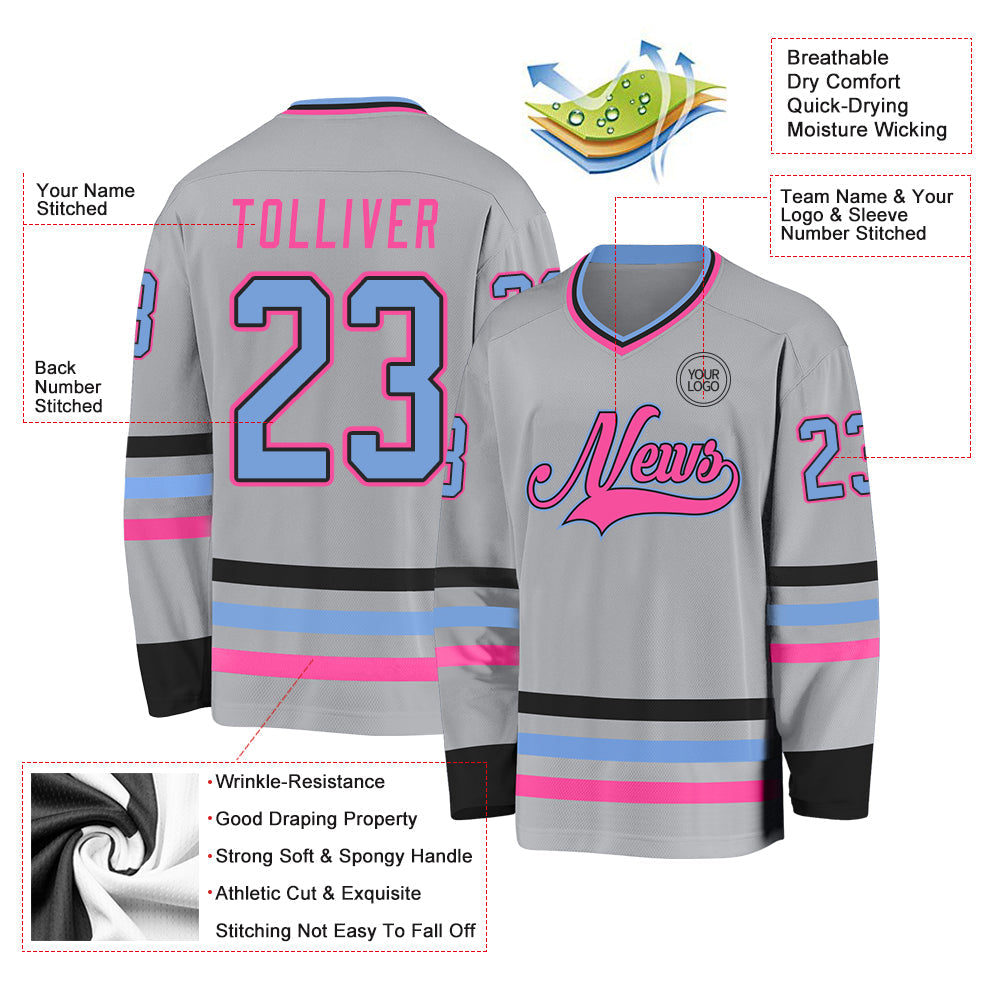 Custom Gray Light Blue Black-Pink Hockey Jersey - Sky-Custom