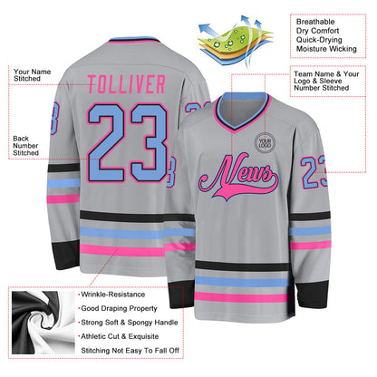 Custom Gray Light Blue Black-Pink Hockey Jersey - Sky-Custom