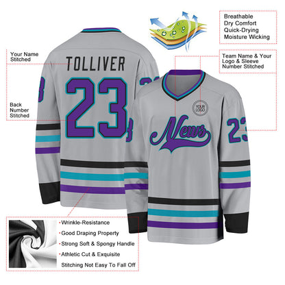 Custom Gray Purple Black-Teal Hockey Jersey - Sky-Custom