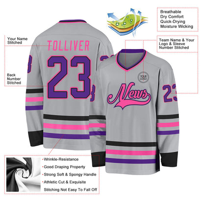 Custom Gray Purple Black-Pink Hockey Jersey - Sky-Custom