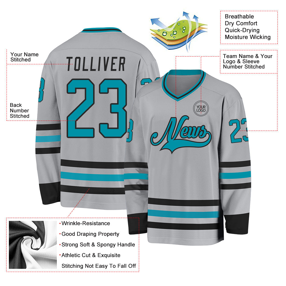 Custom Gray Teal-Black Hockey Jersey - Sky-Custom