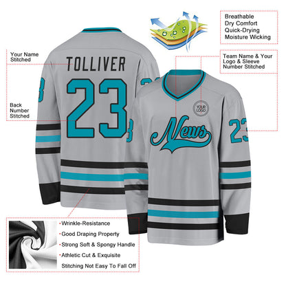 Custom Gray Teal-Black Hockey Jersey - Sky-Custom