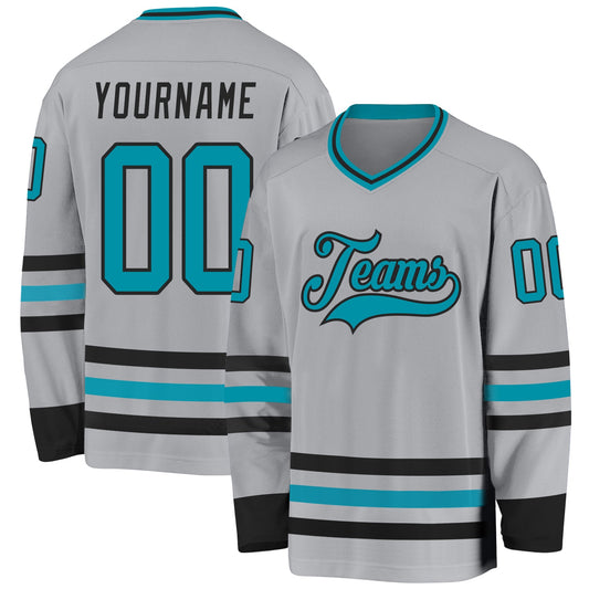 Custom Gray Teal-Black Hockey Jersey - Sky-Custom