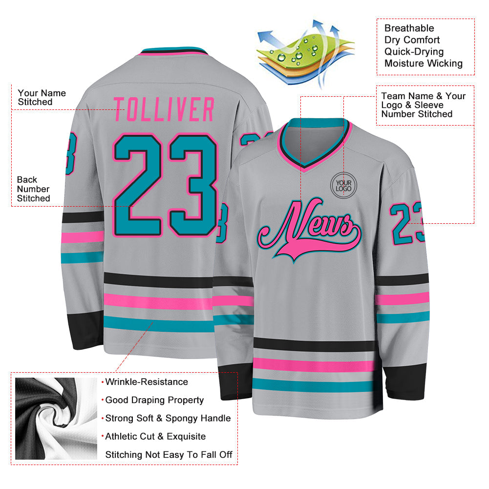 Custom Gray Teal Black-Pink Hockey Jersey - Sky-Custom