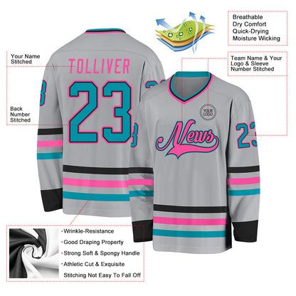Custom Gray Teal Black-Pink Hockey Jersey - Sky-Custom