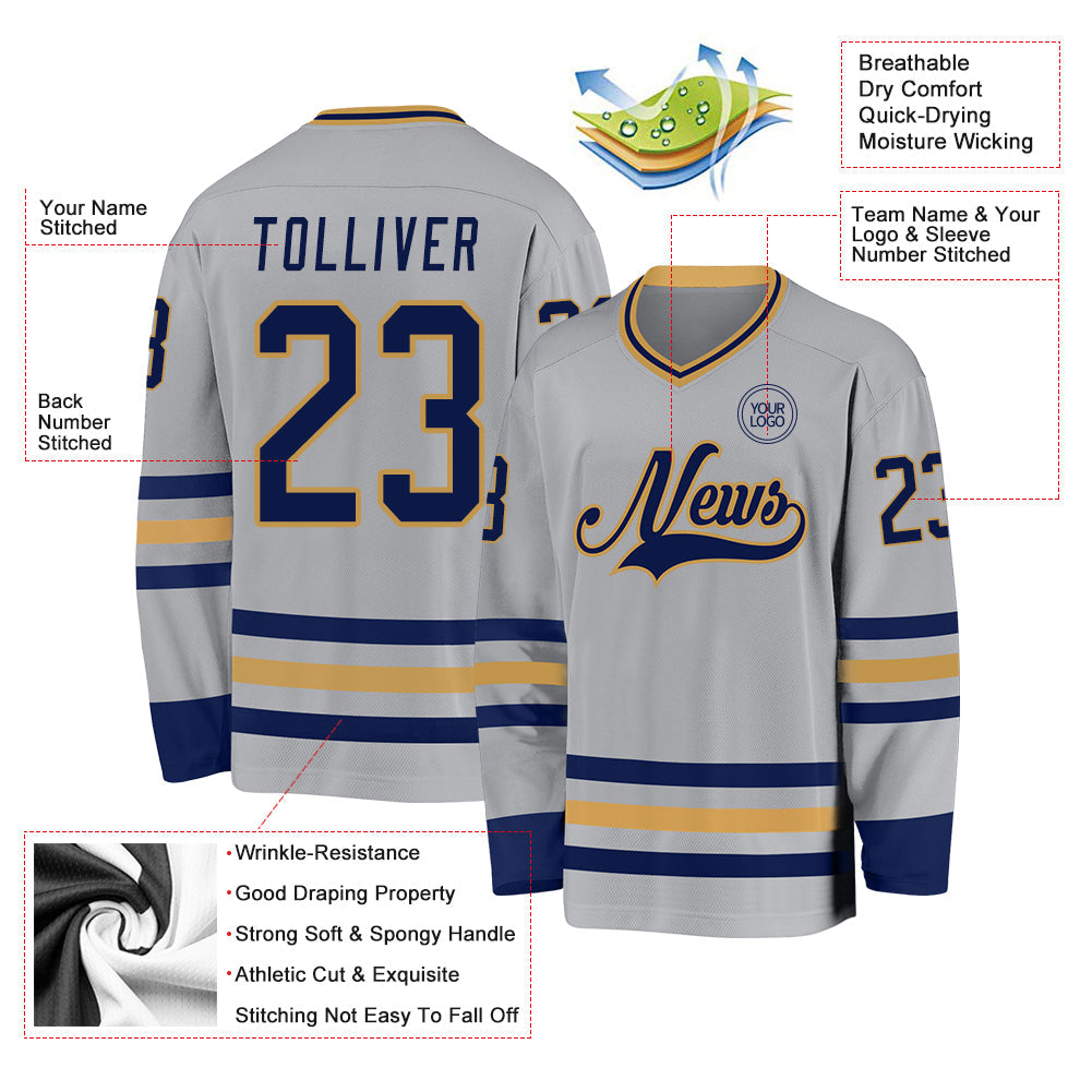 Custom Gray Navy-Old Gold Hockey Jersey - Sky-Custom