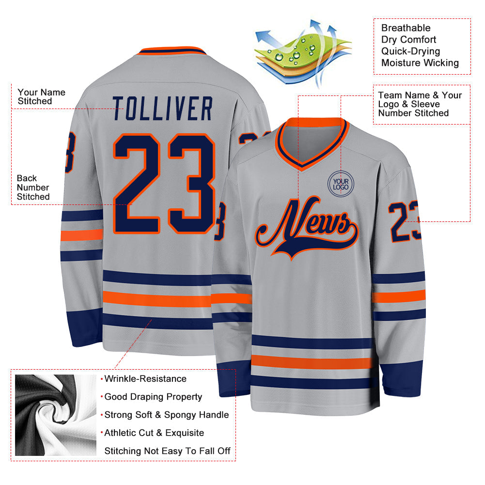 Custom Gray Navy-Orange Hockey Jersey - Sky-Custom